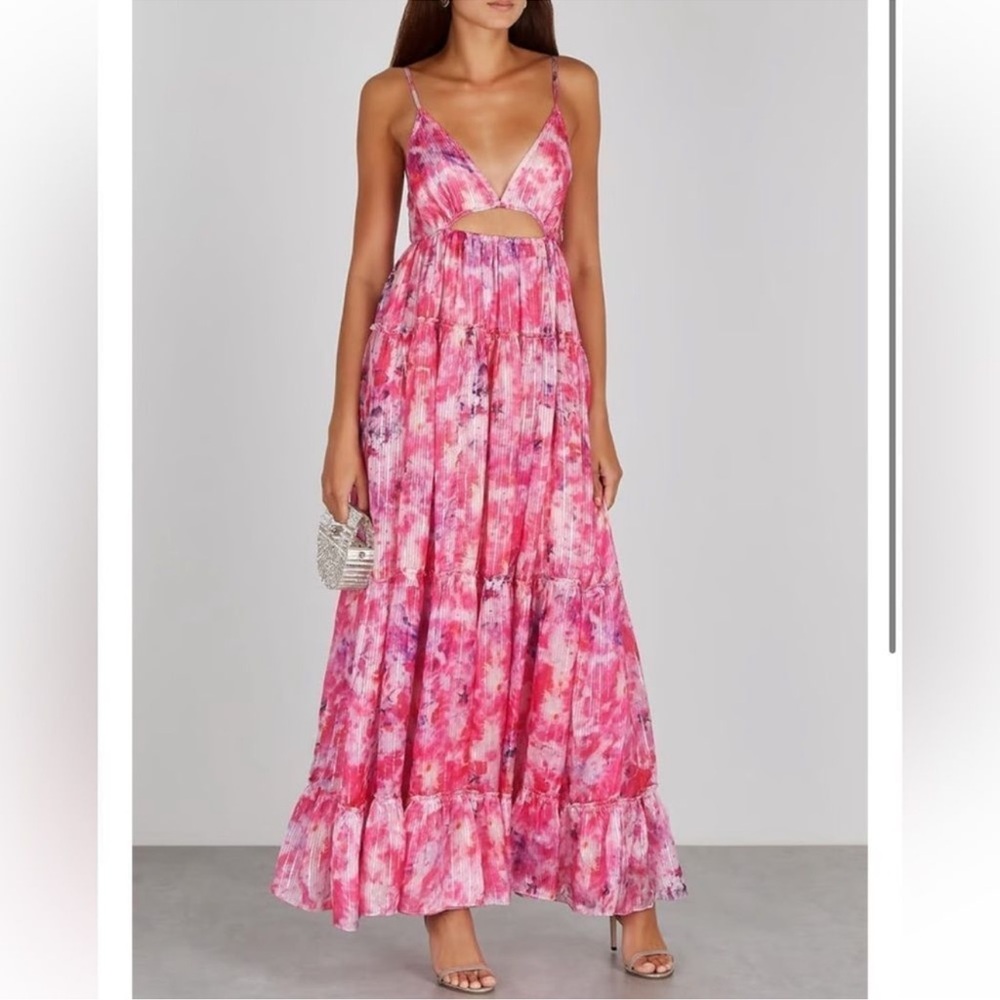 NWT ROCOCO SAND Hikari Pink Lamé-weave Satin Maxi Dress